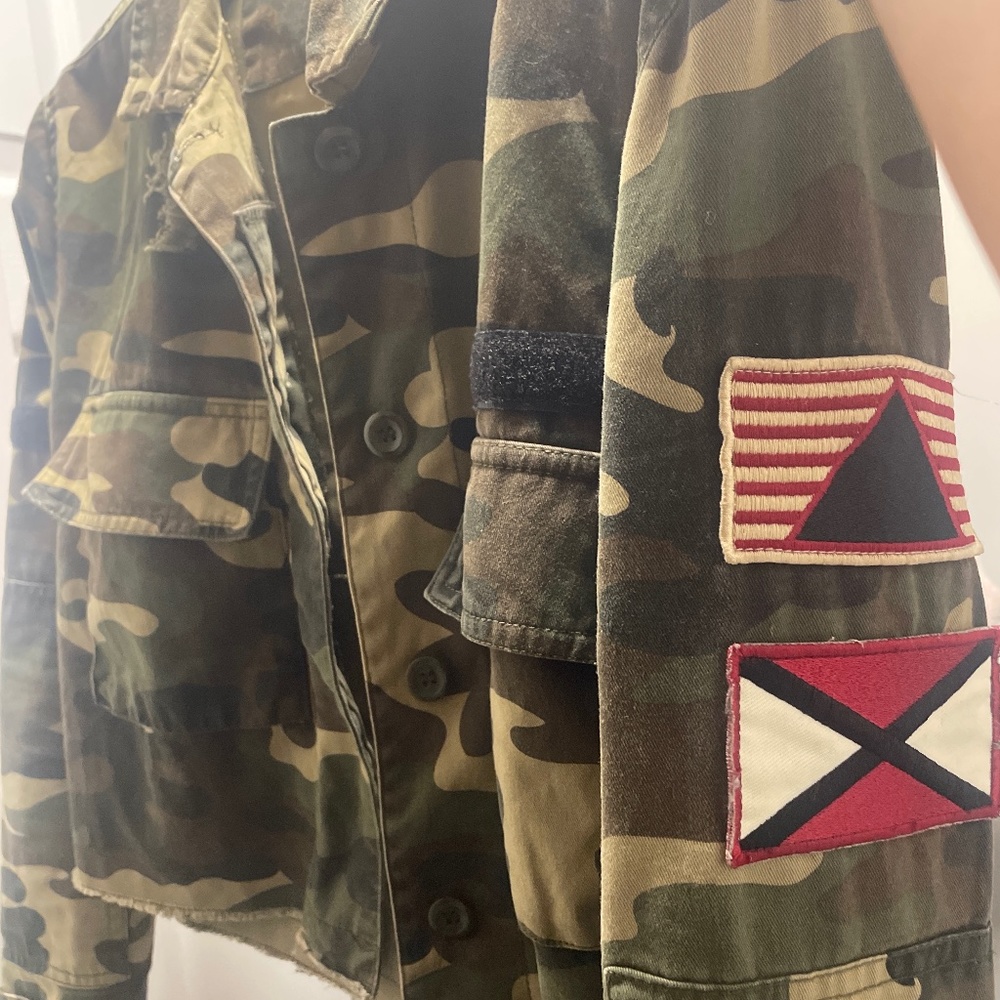 Saks Fifth Avenue crop jacket with flag patches